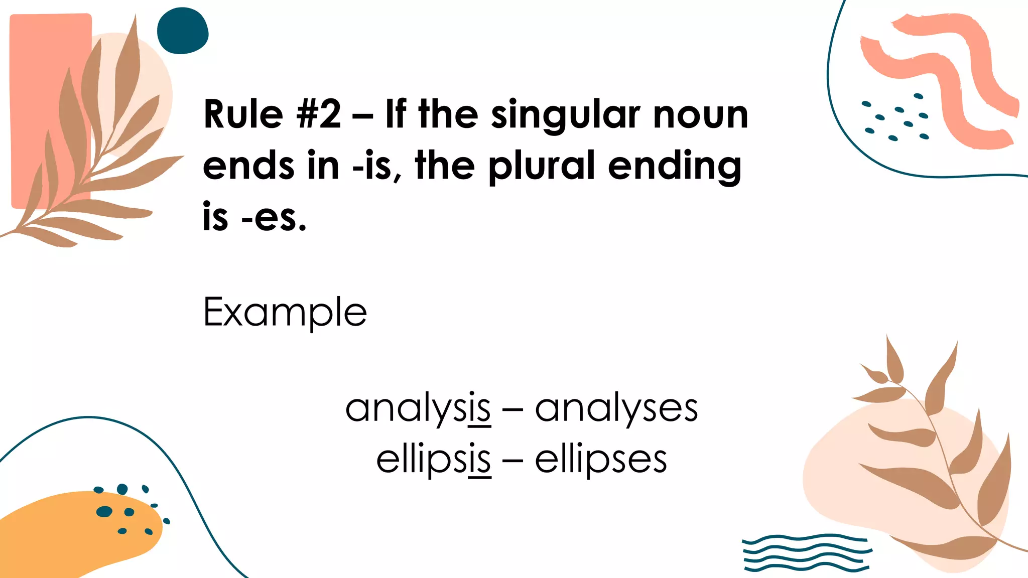 Rule #2 – If the singular noun
ends in -is, the plural ending
is -es.
Example
analysis – analyses
ellipsis – ellipses
 