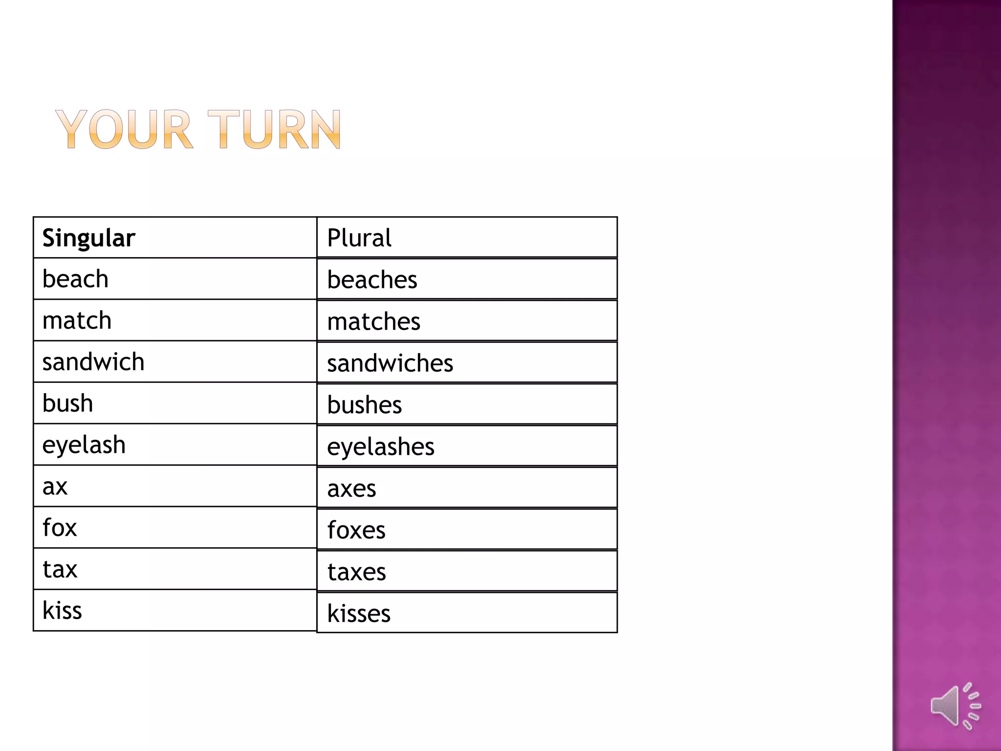 Singular   Plural
beach      beaches
match      matches
sandwich   sandwiches
bush       bushes
eyelash    eyelashes
ax         axes
fox        foxes
tax        taxes
kiss       kisses
 