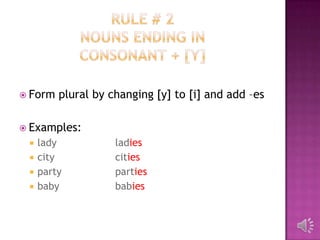  Form   plural by changing [y] to [i] and add –es

 Examples:
    lady           ladies
    city           cities
    party          parties
    baby           babies
 