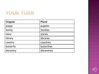Singular    Plural
puppy       puppies
family      families
story       stories
library     libraries
country     countries
butterfly   butterflies
discovery   discoveries
 