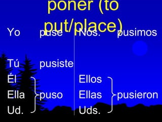 poner (to
Yo      put/place)
       puse Nos. pusimos

Tú     pusiste
Él               Ellos
Ella   puso      Ellas   pusieron
Ud.              Uds.
 