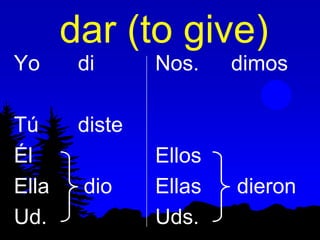 dar (to give)
Yo      di      Nos.    dimos

Tú      diste
Él              Ellos
Ella    dio     Ellas   dieron
Ud.             Uds.
 