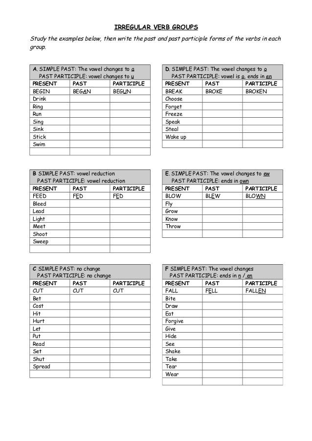 IRREGULAR VERB GROUPS
Study the examples below, then write the past and past participle forms of the verbs in each
group.
...