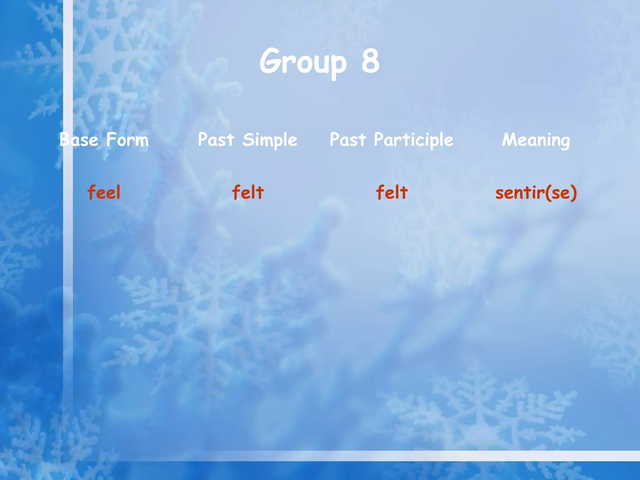 Group 8

Base Form   Past Simple   Past Participle   Meaning

  feel         felt            felt         sentir(se)
 