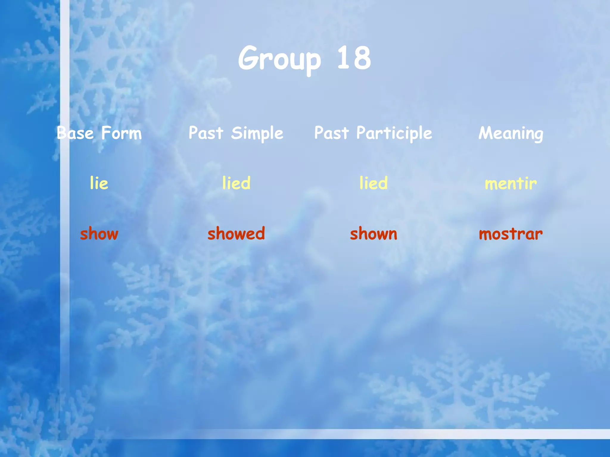Group 18

Base Form   Past Simple   Past Participle   Meaning

   lie         lied            lied         mentir

  show        showed          shown         mostrar
 
