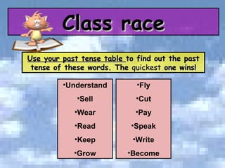Use your past tense table  to find out the past tense of these words. The  quickest  one wins! Understand Sell Wear Read Keep Grow Fly Cut Pay Speak Write Become Class race 