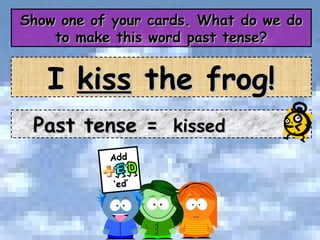 Show one of your cards. What do we do to make this word past tense? Past tense =  kissed I  kiss  the frog! 