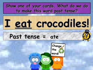 Show one of your cards. What do we do to make this word past tense? I  eat  crocodiles! Past tense =  ate 