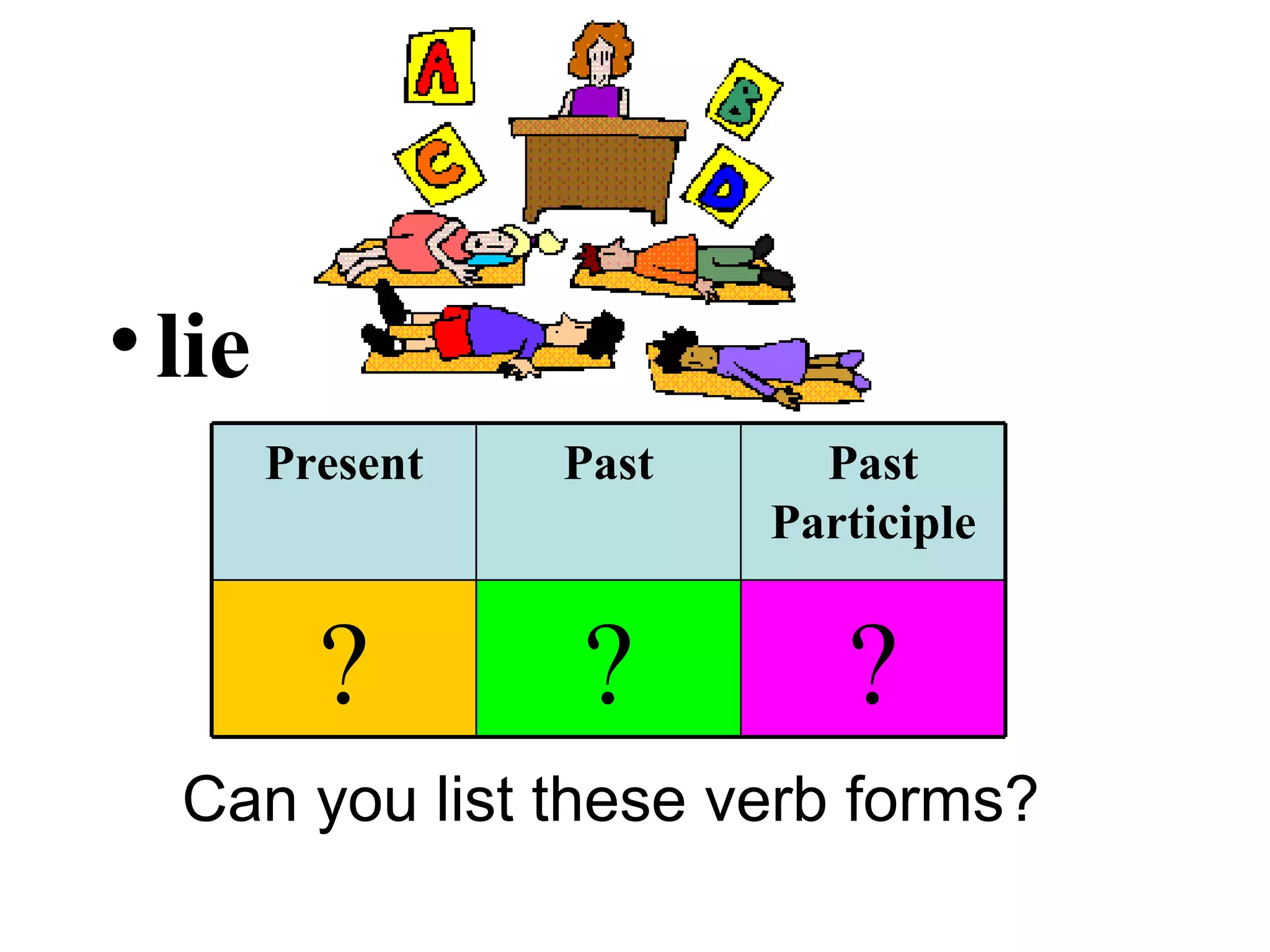 lie Can you list these verb forms? ? ? ? Past Participle Past Present 