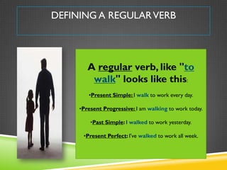 DEFINING A REGULAR VERB




        A regular verb, like "to
         walk" looks like this:
        •Present Simple: I wa...