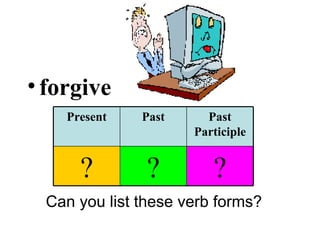 forgive Can you list these verb forms? Present Past Past Participle ? ? ? 