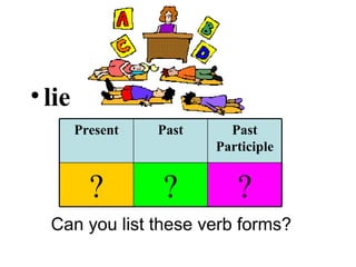 lie Can you list these verb forms? Present Past Past Participle ? ? ? 