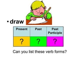 • draw
   Present    Past     Past
                     Participle


     ?         ?        ?
  Can you list these verb forms?
 