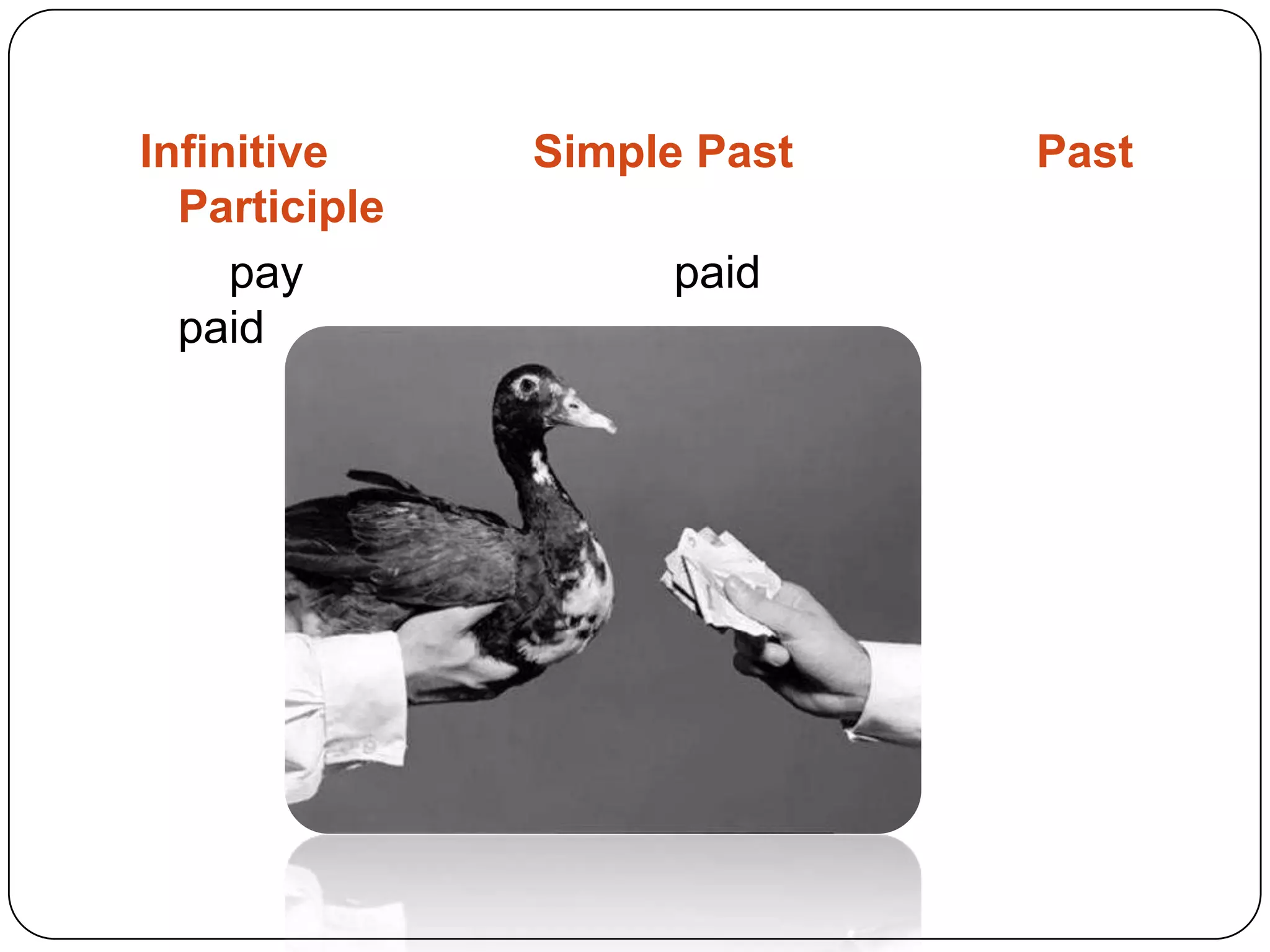 Infinitive Simple Past Past Participlepaypaidpaid