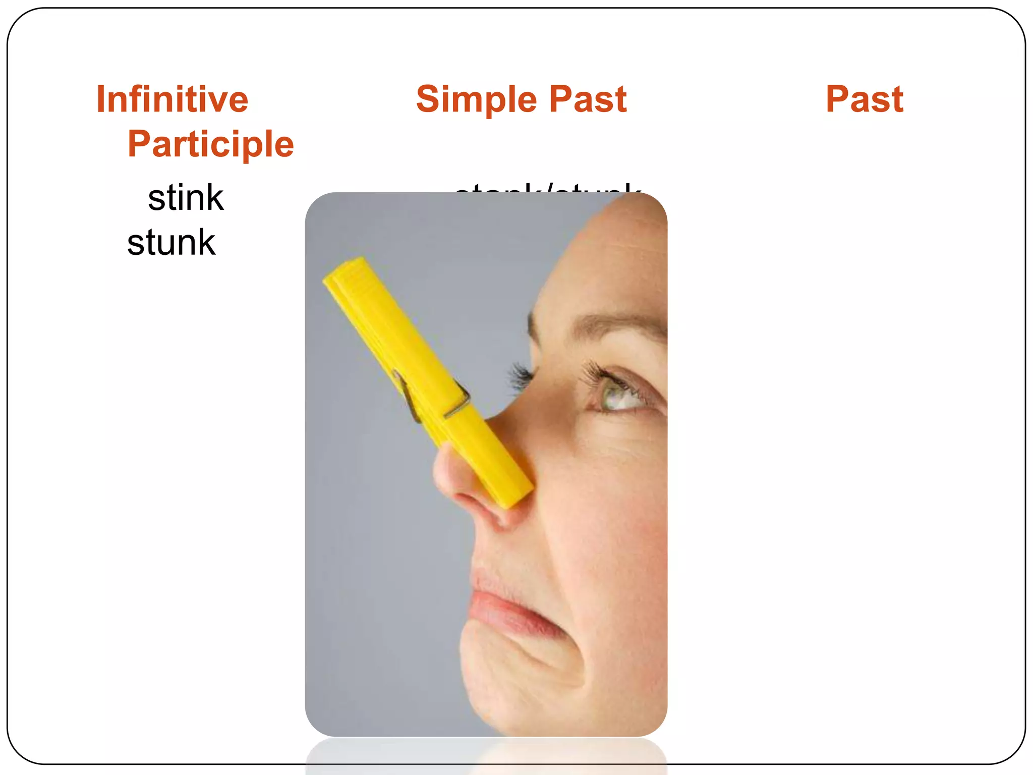Infinitive Simple Past Past Participlestinkstank/stunkstunk