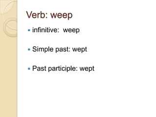 Verb: weepinfinitive:  weepSimple past: weptPast participle: wept