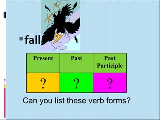  fall
   Present    Past     Past
                     Participle


     ?         ?        ?
 Can you list these verb fo...