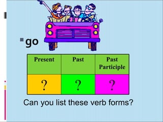  go
   Present   Past     Past
                    Participle


       ?      ?        ?
Can you list these verb forms?
 