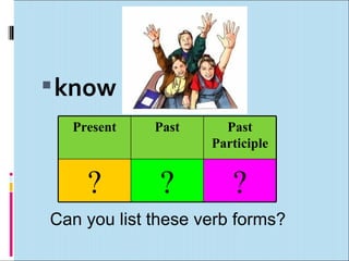  know
  Present    Past     Past
                    Participle


    ?         ?        ?
Can you list these verb forms?
 