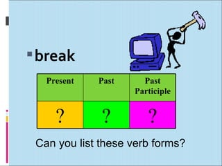  break
   Present   Past     Past
                    Participle


     ?        ?        ?
 Can you list these verb form...