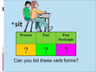 sit
   Present    Past     Past
                     Participle


        ?      ?        ?
 Can you list these verb for...