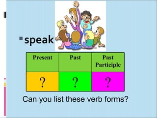  speak
  Present    Past     Past
                    Participle


    ?         ?        ?
Can you list these verb forms?
 
