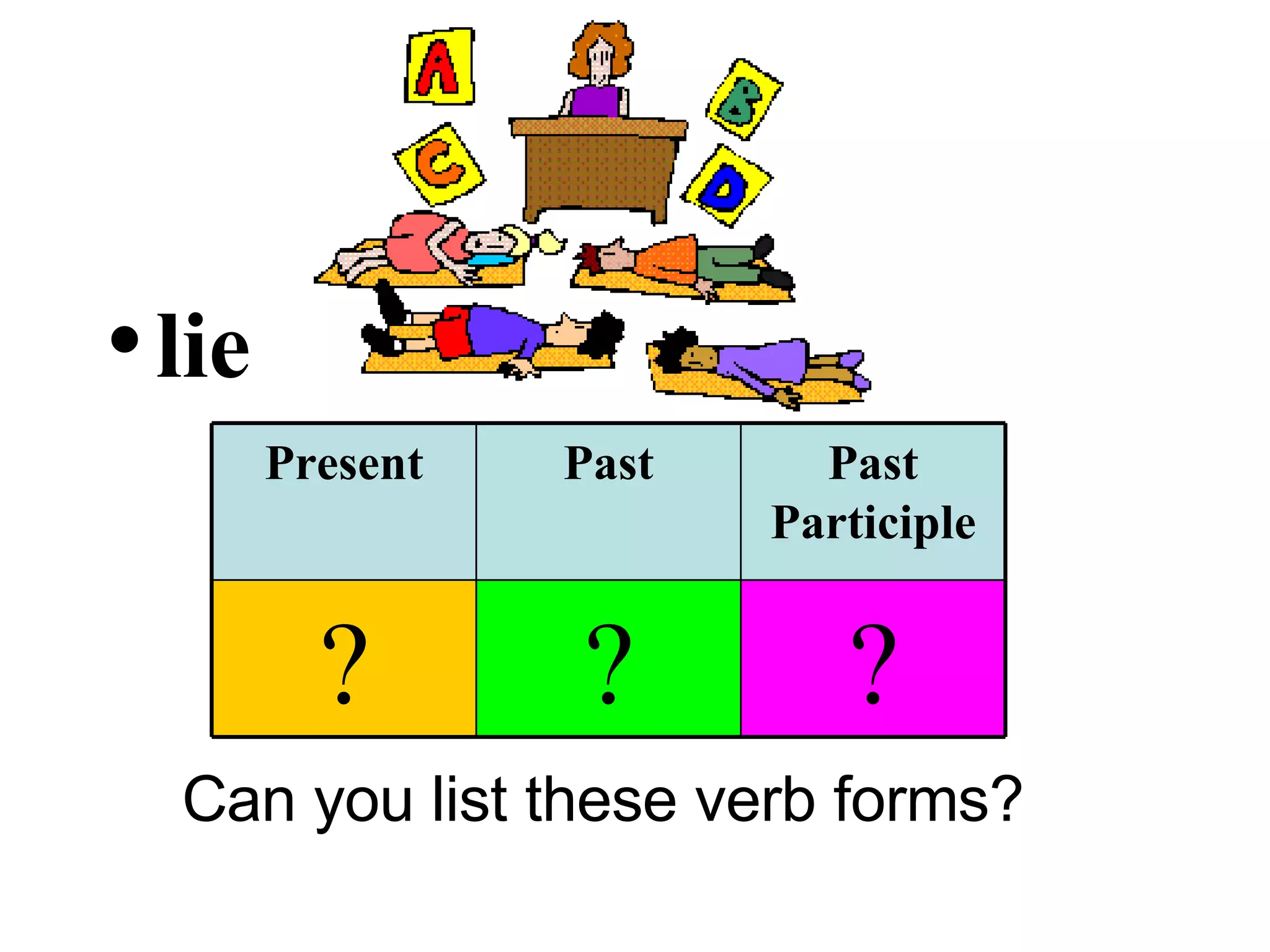 lie Can you list these verb forms? ? ? ? Past Participle Past Present 