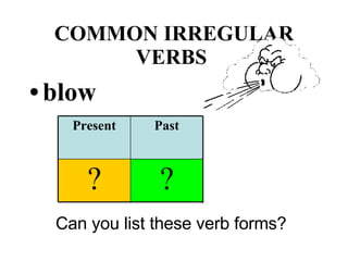 COMMON IRREGULAR VERBS   blow Can you list these verb forms? ? ? ? Past Participle Past Present 