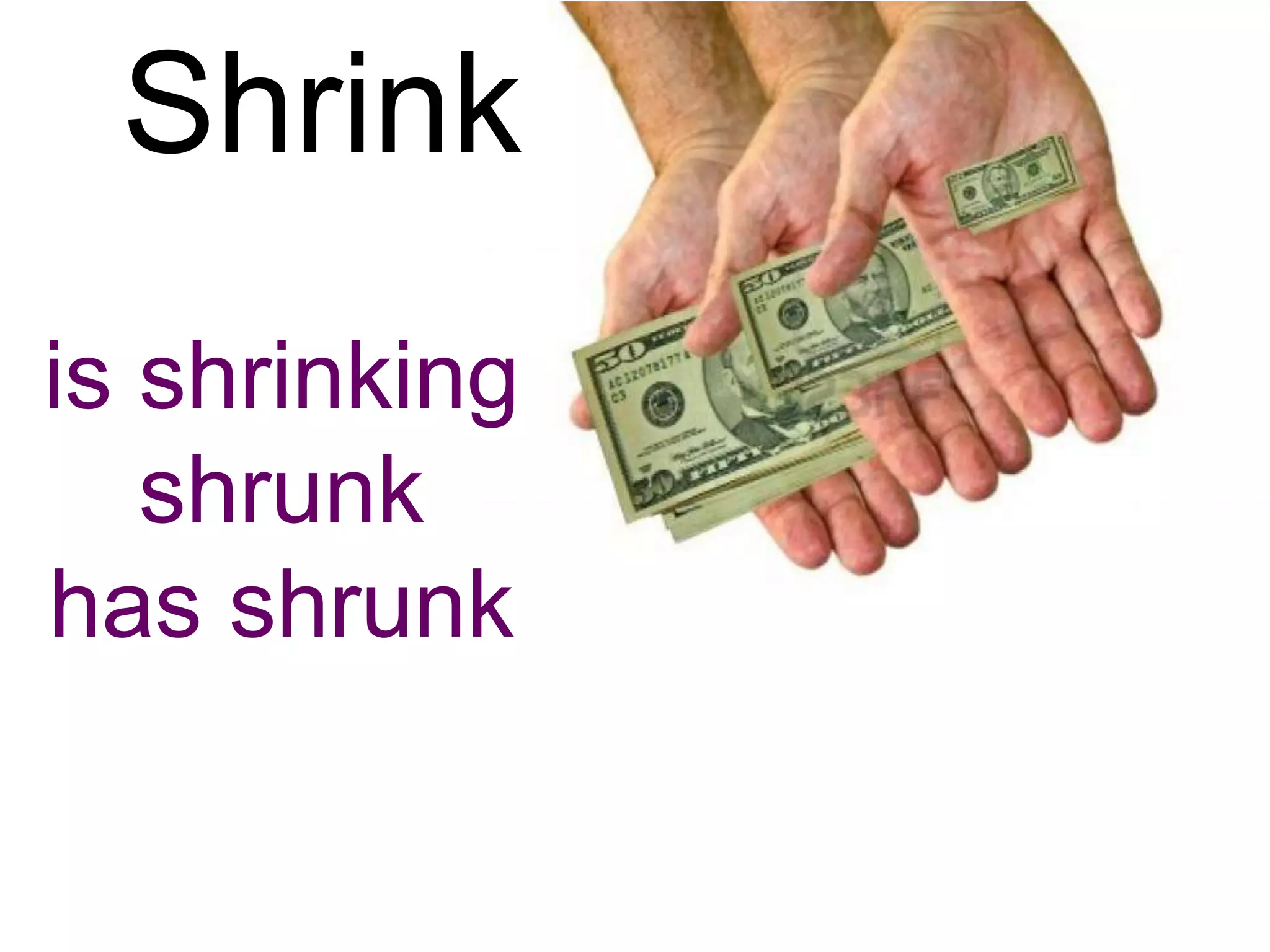 Shrink
is shrinking
   shrunk
has shrunk
 