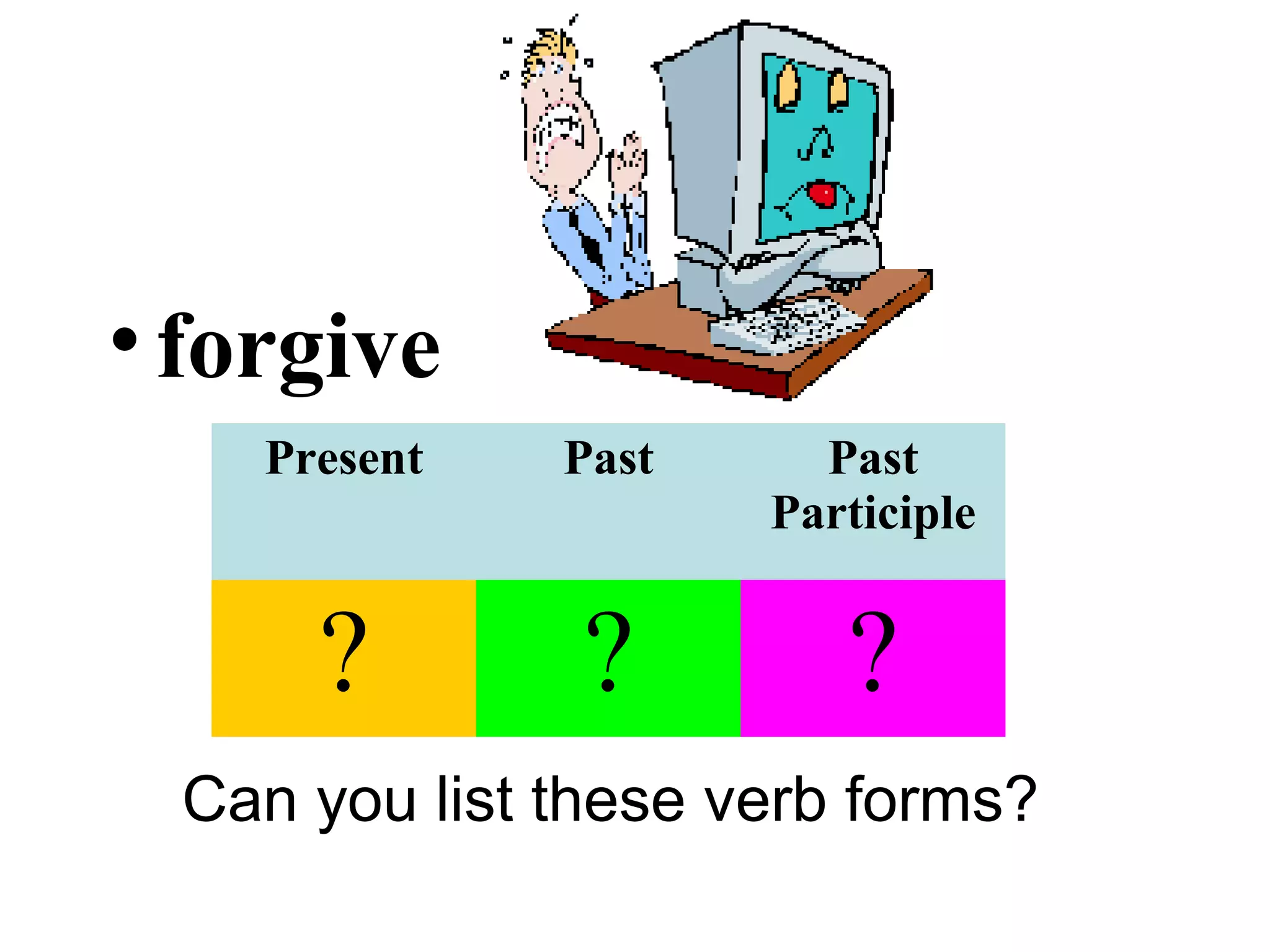 •forgive
Can you list these verb forms?
Present Past Past
Participle
? ? ?
 