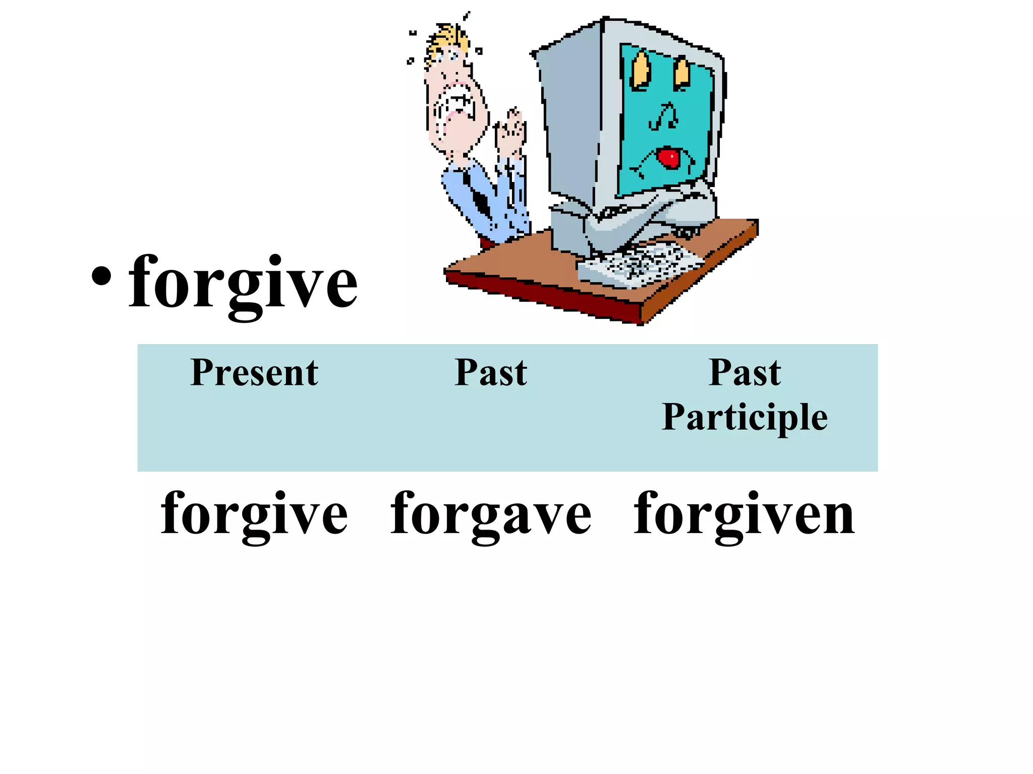 •forgive
Present Past Past
Participle
forgive forgave forgiven
 