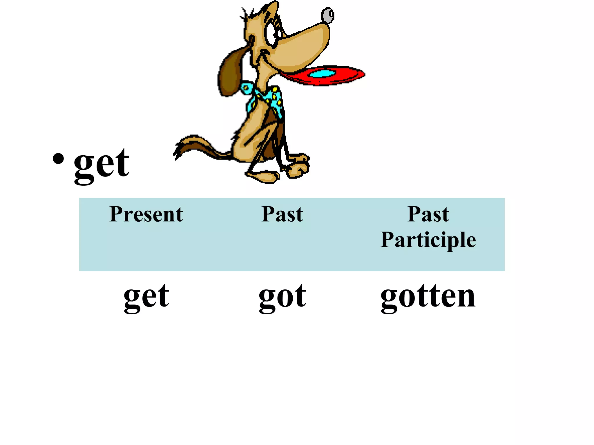 •get
Present Past Past
Participle
get got gotten
 