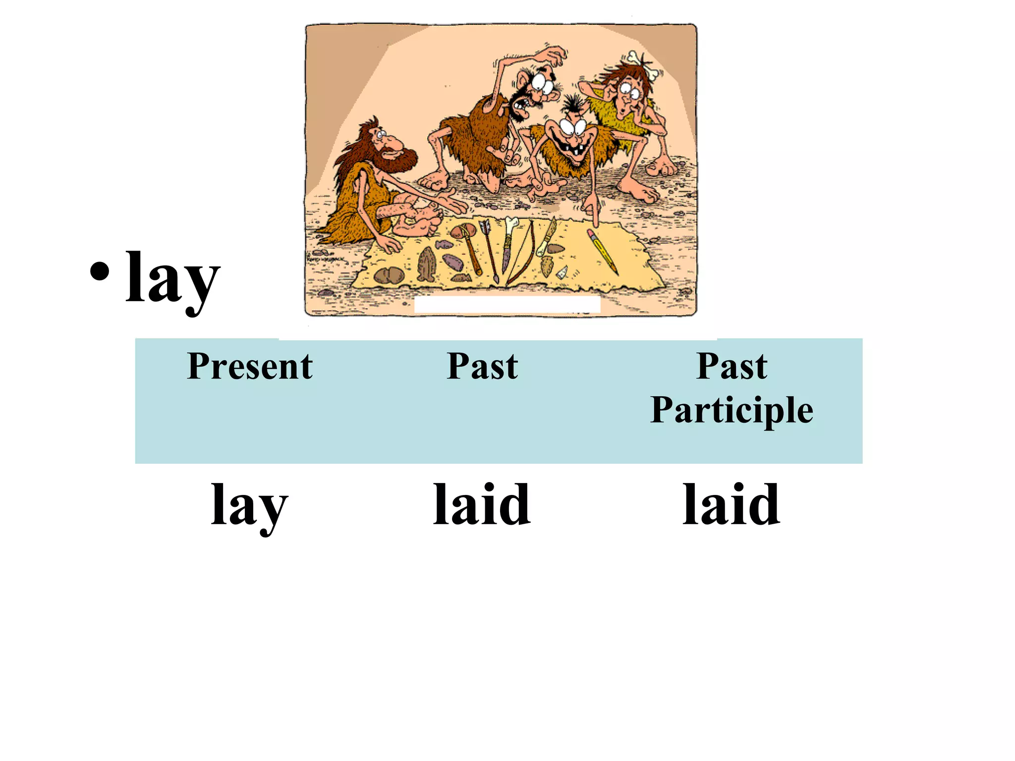 •lay
Present Past Past
Participle
lay laid laid
 