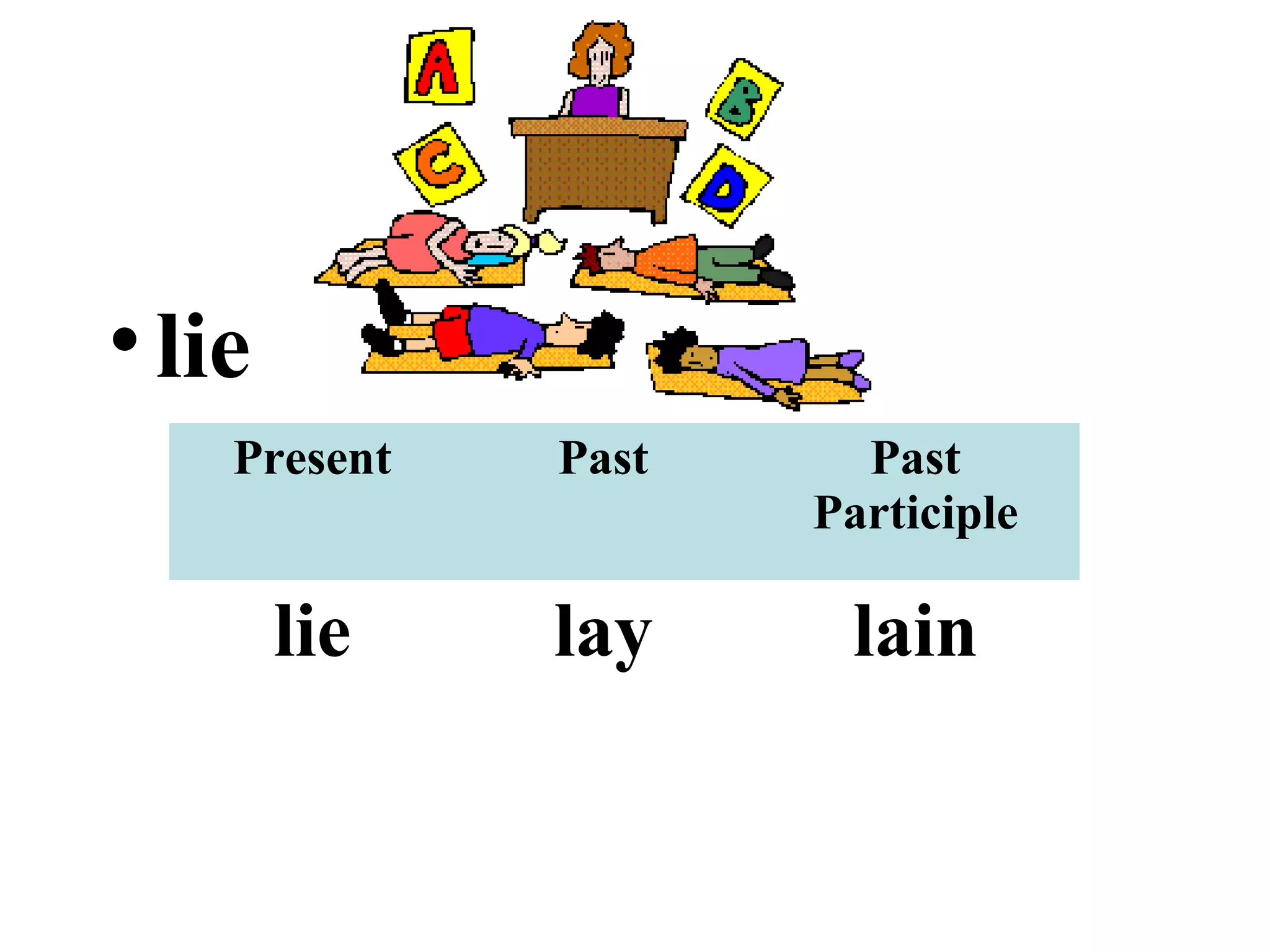 •lie
Present Past Past
Participle
lie lay lain
 