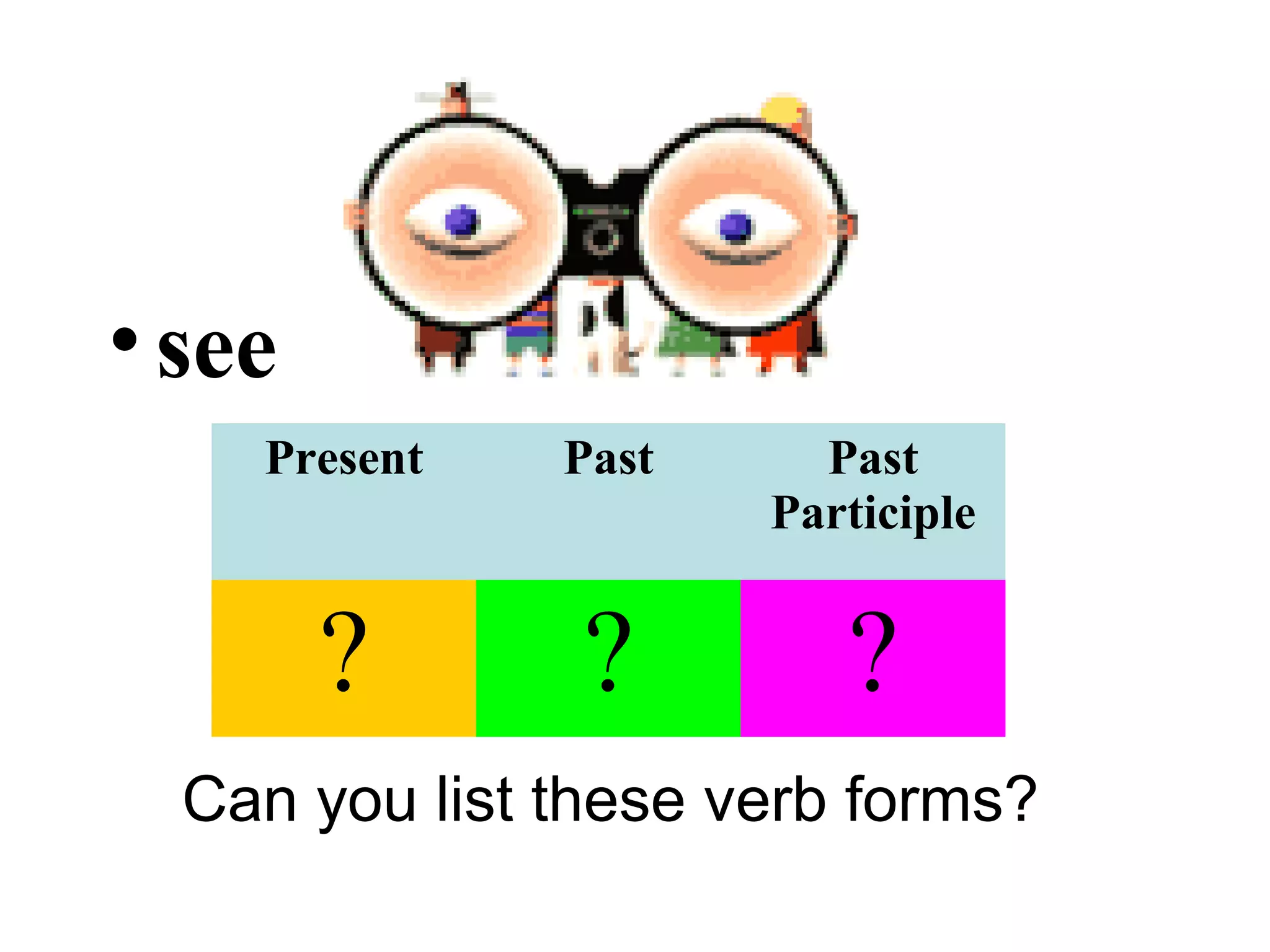 •see
Can you list these verb forms?
Present Past Past
Participle
? ? ?
 