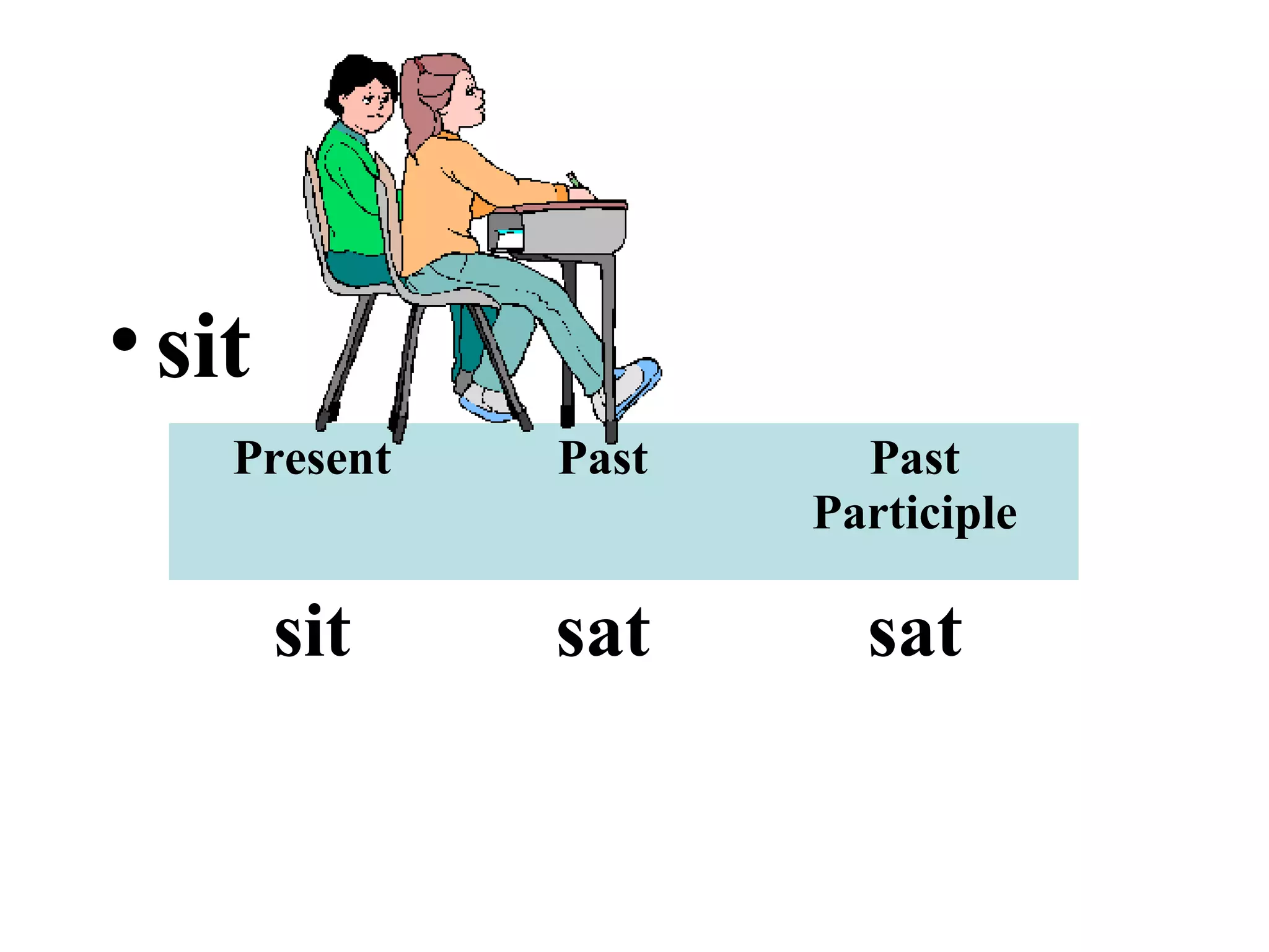 •sit
Present Past Past
Participle
sit sat sat
 