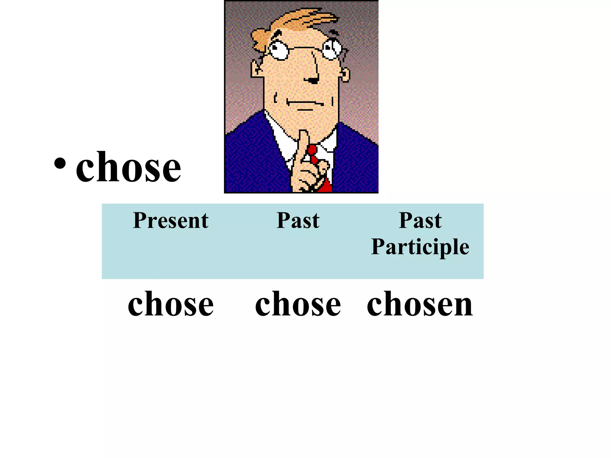 •chose
Present Past Past
Participle
chose chose chosen
 
