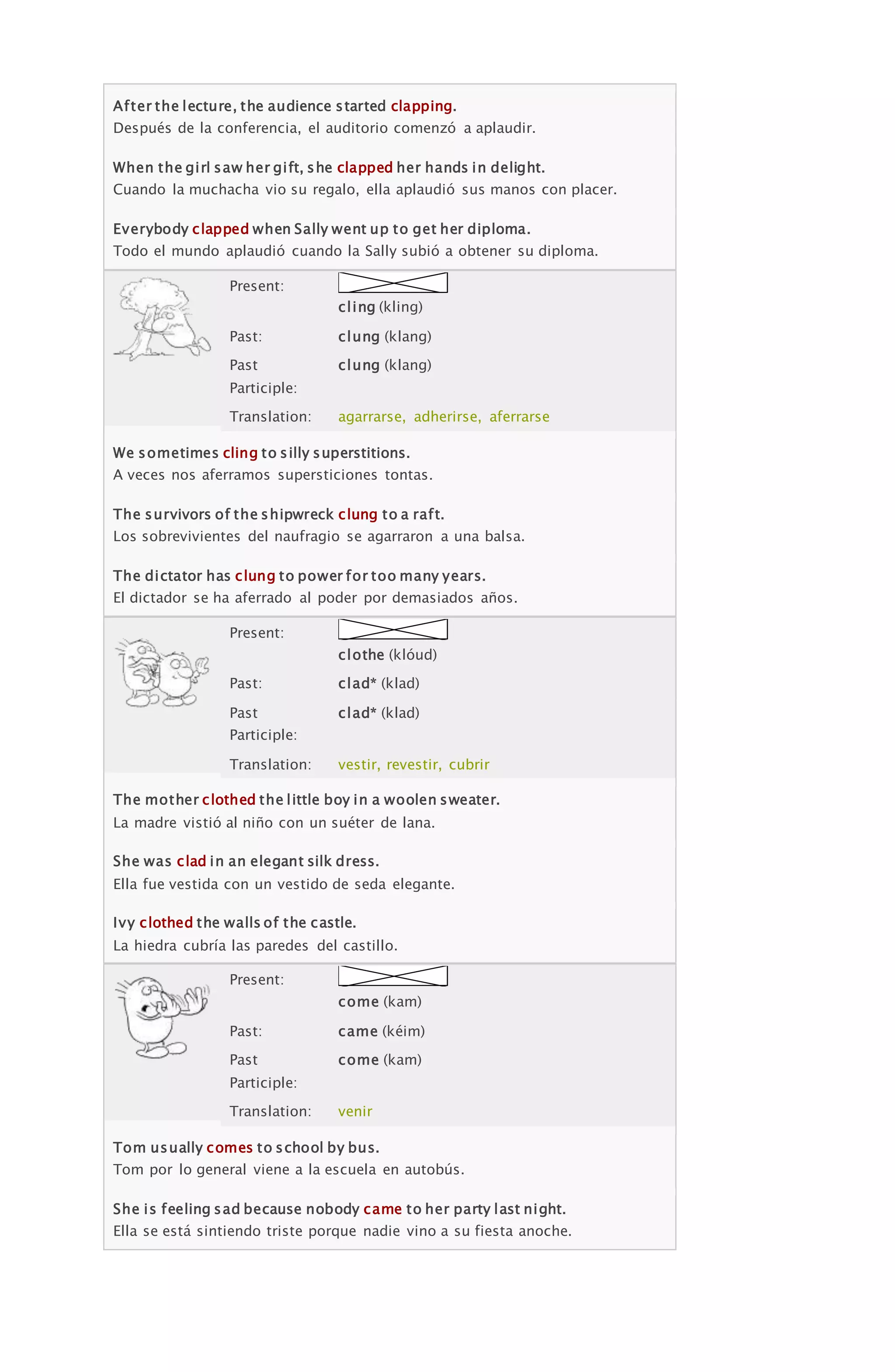 After the lecture, the audience started clapping.
Después de la conferencia, el auditorio comenzó a aplaudir.
When the girl saw her gift, she clapped her hands in delight.
Cuando la muchacha vio su regalo, ella aplaudió sus manos con placer.
Everybody clapped when Sally went up to get her diploma.
Todo el mundo aplaudió cuando la Sally subió a obtener su diploma.
Present:
cling (kling)
Past: clung (klang)
Past
Participle:
clung (klang)
Translation: agarrarse, adherirse, aferrarse
We sometimes cling to silly superstitions.
A veces nos aferramos supersticiones tontas.
The survivors of the shipwreck clung to a raft.
Los sobrevivientes del naufragio se agarraron a una balsa.
The dictator has clung to power for too many years.
El dictador se ha aferrado al poder por demasiados años.
Present:
clothe (klóud)
Past: clad* (klad)
Past
Participle:
clad* (klad)
Translation: vestir, revestir, cubrir
The mother clothed the little boy in a woolen sweater.
La madre vistió al niño con un suéter de lana.
She was clad in an elegant silk dress.
Ella fue vestida con un vestido de seda elegante.
Ivy clothed the walls of the castle.
La hiedra cubría las paredes del castillo.
Present:
come (kam)
Past: came (kéim)
Past
Participle:
come (kam)
Translation: venir
Tom usually comes to school by bus.
Tom por lo general viene a la escuela en autobús.
She is feeling sad because nobody came to her party last night.
Ella se está sintiendo triste porque nadie vino a su fiesta anoche.
 