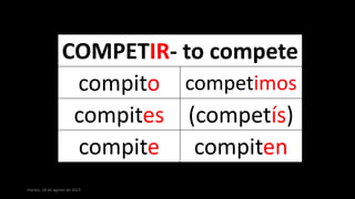 martes, 18 de agosto de 2015
COMPETIR- to compete
compito competimos
compites (competís)
compite compiten
 