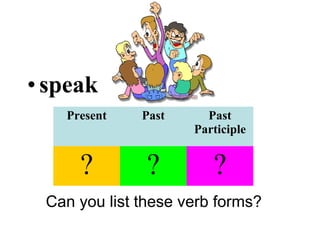 •speak
Can you list these verb forms?
Present Past Past
Participle
? ? ?
 