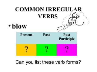COMMON IRREGULAR
VERBS
•blow
Present Past Past
Participle
? ? ?
Can you list these verb forms?
 