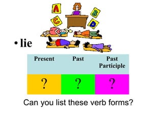 •lie
Can you list these verb forms?
Present Past Past
Participle
? ? ?
 