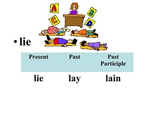 •lie
Present Past Past
Participle
lie lay lain
 