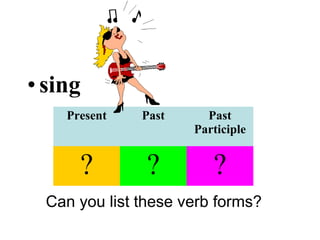 •sing
Can you list these verb forms?
Present Past Past
Participle
? ? ?
 