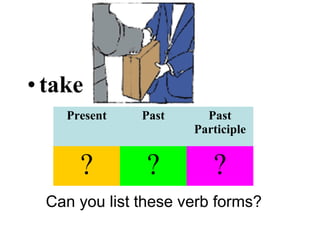 •take
Can you list these verb forms?
Present Past Past
Participle
? ? ?
 