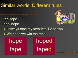 Similar words. Different rules
tap/ tape
hop/ hope
 I always tape my favourite TV shows.
 We hope we win the race.
hope
tape
hoped
taped
 