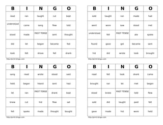 B                    I        N           G         O            B                    I        N          G         O
    read                 ran      taught       cut      kept         sold            taught         ran       made      had


understood
                    came          sang        flew      told         went             wore          saw       stood     met


                                PAST TENSE                       understood                      PAST TENSE
   stood            made                      sent     thought                            fell                 ate     spoke



     did                 let      began      became      fed        found             gave          got       became    sent



    took                 felt     drove        fell    drank          hid                 did      wrote       took    brought

http://print-bingo.com                                           http://print-bingo.com




     B                    I        N           G         O            B                    I        N          G         O
    sang             read         wrote       stood     said         read                 fell      took      drank     came



    held            began         heard       sent      had        brought                ran       let        met     began


                                PAST TENSE                                                       PAST TENSE
     let                 ran                 drank      kept        stood            broke                     told     flew



    knew                 cut       hid        flew       sat         sold                 did      taught      paid      felt



     fell           spoke         made       thought   bought        gave            made           hid        wore     held

http://print-bingo.com                                           http://print-bingo.com
 