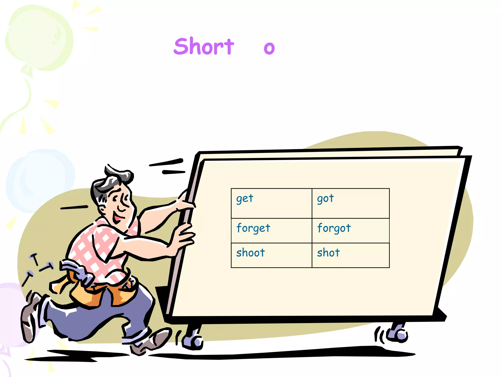 got
get
forgot
forget
shot
shoot
Short o
 