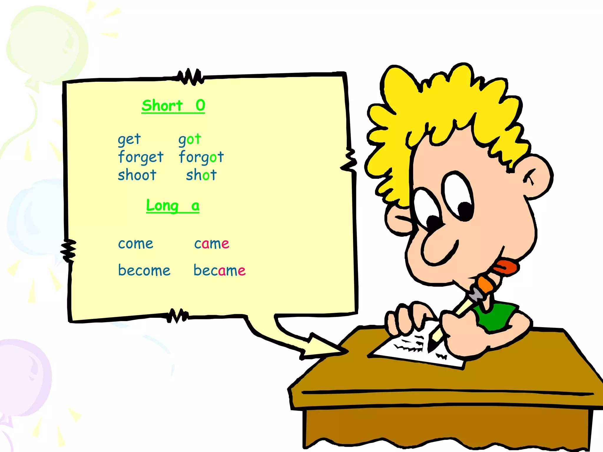 Short 0
Long a
come came
become became
got
get
forgot
forget
shot
shoot
 