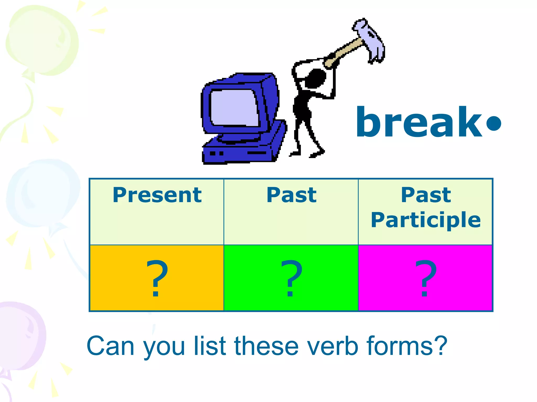 •
break
Can you list these verb forms?
Present Past Past
Participle
? ? ?
 